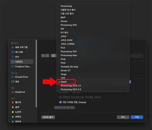 포토샵에서 webp로 변환하는 방법 사본저장에서 webp를 설정하는 모습