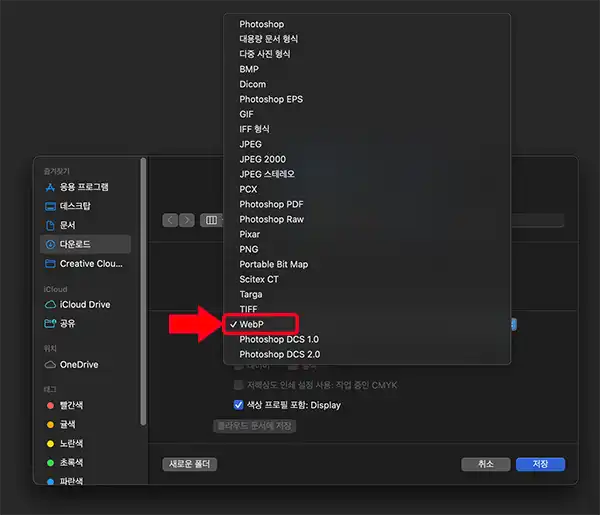 포토샵에서 webp로 변환하는 방법 사본저장에서 webp를 설정하는 모습 