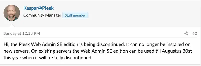 plesk Web Admin SE 에디션 중단에 대한 plesk 스탭의 답변