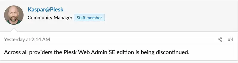 plesk Web Admin SE 에디션 중단에 대한 plesk 스탭의 답변