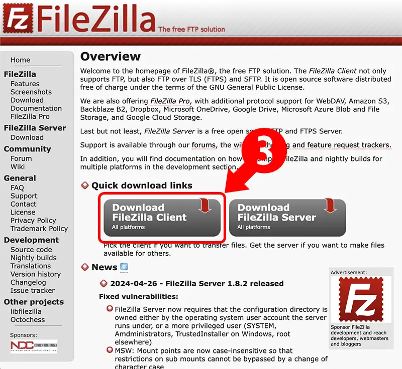 FTP 클라이언트 파일질라 다운로드 페이지