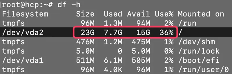 vultr에서 저장공간이 25GB인 상품에 ubuntu 22.04와  서버 컨트롤 패널 Hestia를 설치한 경우의 디스크 사용량 