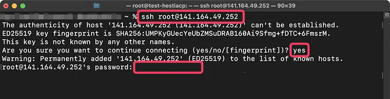 hestia 설치를 위해 터미널에서 ssh로 서버에 접속하는 모습