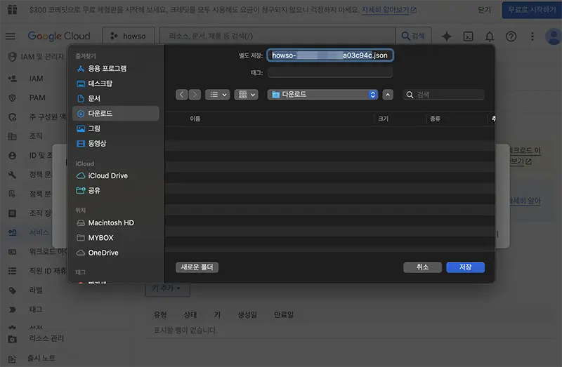 워드프레스에서 구글 색인 요청 자동화 api에 접근하기 위해 만든 인증키를 로컬로 다운받아 놓는다.